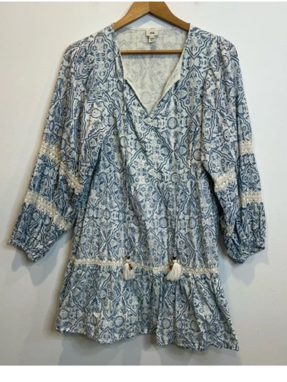 River Island Long Puff Sleeve Tiered Mini Dress with Eyelet Detail Blue Pattern